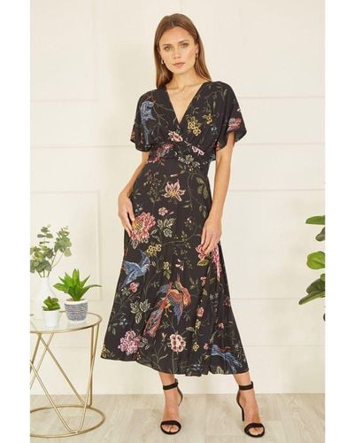 Yumi' Viscose Bird And Floral Print Kimono Midi Dress - Black