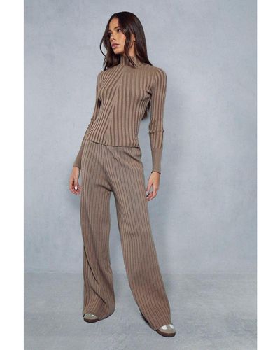 MissPap Knitted Wide Ribbed High Neck Top & Trousers Co-Ord - Grey