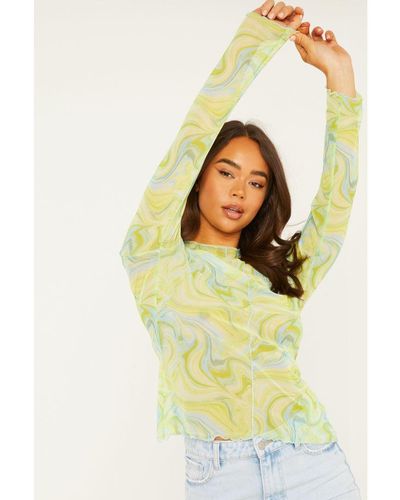 Quiz Lime Marble Print Mesh Top - Yellow