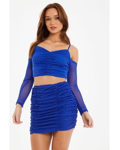 Quiz Mesh Diamante Mini Skirt - Blue