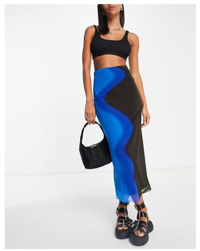 TOPSHOP squiggle Placement Print Midi Skirt - Blue