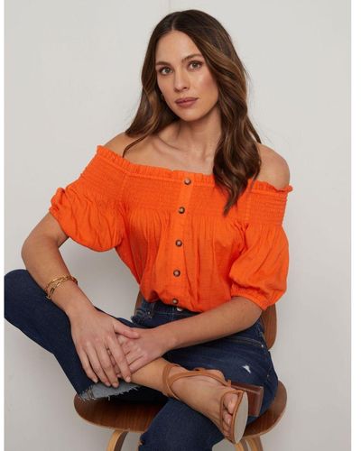 Katies Elbow Sleeve Lace Trim Top - Orange