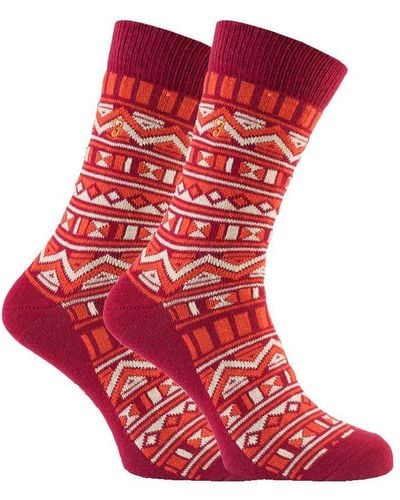 Farah 2 Pairs Funky Vintage Patterned Colourful Thick Cotton Crew Socks - Red