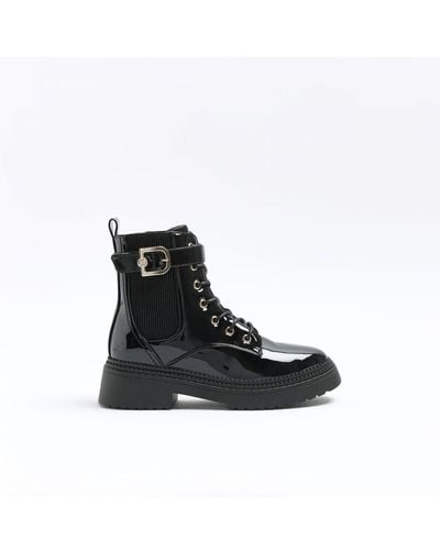 River Island Boots Patent Buckle Lace Up Canvas - Black