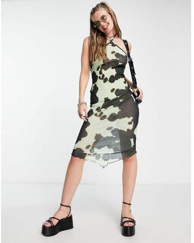 Collusion Cow Print Mesh Halter Midi Dress - Multicolour