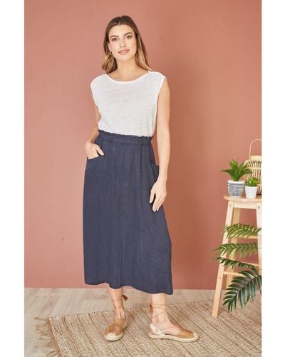 Yumi' Italian Linen Midi Skirt With Pockets - Blue