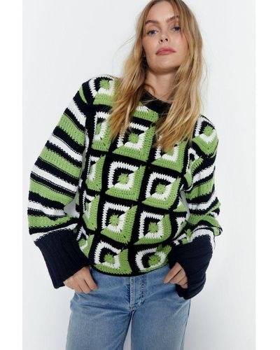 Warehouse Stripe Crochet Jumper - Green