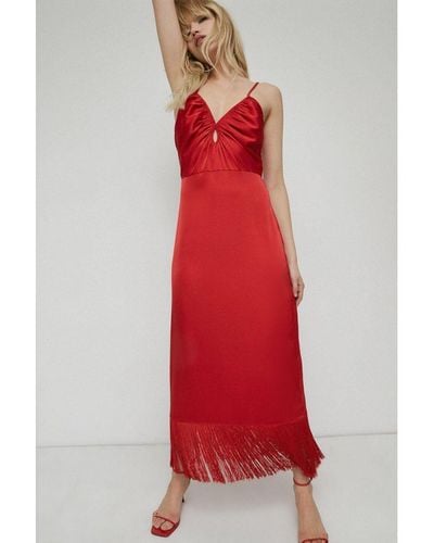 Warehouse Strappy Fringing Midi Dress - Red