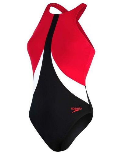 Speedo Womenss Colourblock Highneck Crossback Swimsuit - Red
