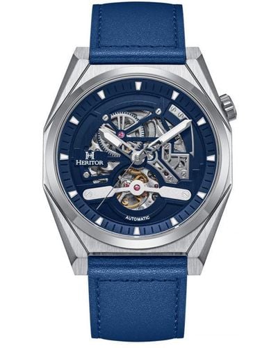 Heritor Amadeus Semi-skeleton Leather-band Watch Stainless Steel - Blue