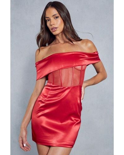 MissPap Satin Mesh Insert Corseted Bardot Bodycon Mini Dress - Red