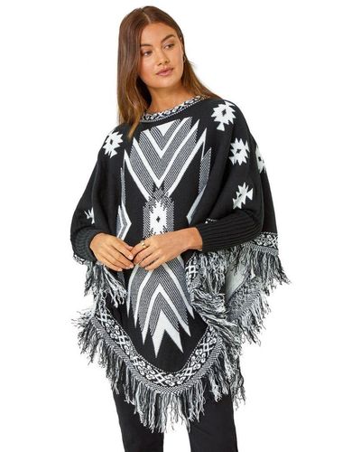 Roman One Size Aztec Fringed Knitted Poncho - Grey