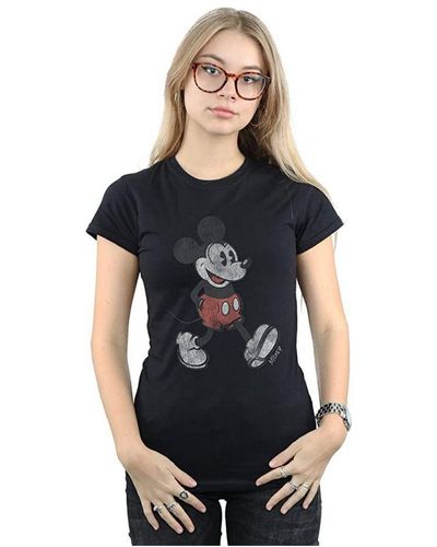 Disney Ladies Walking Mickey Mouse Cotton T-Shirt () - Black