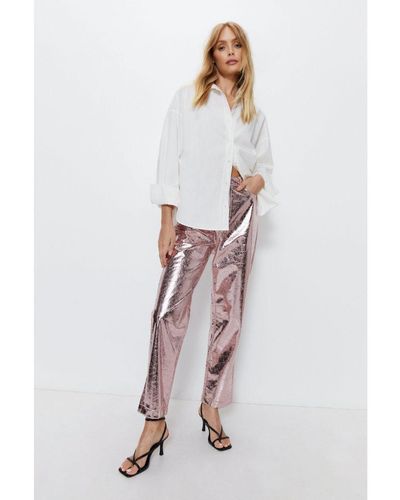 Warehouse Crackle Faux Leather Straight Leg Trouser - White