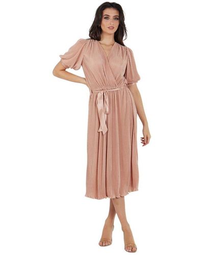 Gini London Short Sleeves Plisse Wrap Midi Dress - Pink