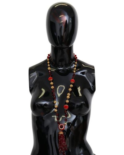 Dolce & Gabbana Gold Tone Brass Red Crystals Pendant Opera Chain Dames Ketting - Zwart