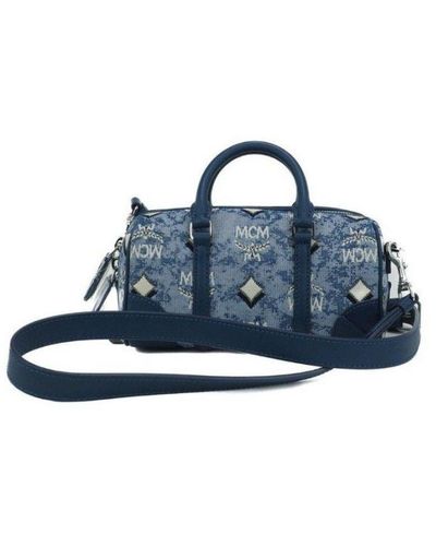 MCM Boston Mini Vintage Jacquard Logo Fabric Satchel Crossbody Handbag Cotton - Blue
