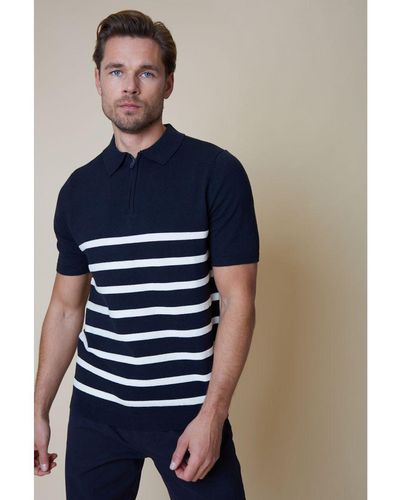 Threadbare Navy 'elleray' Cotton Mix Stripe Quarter Zip Short Sleeve Knitted Polo - Blue