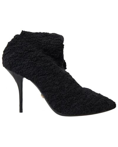 Dolce & Gabbana Virgin Wool Mid Calf Boots With Logo Details - Black