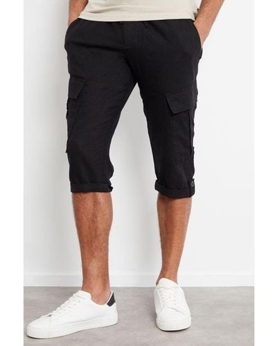 Threadbare Black 'memphis' Linen Blend 3/4 Length Cargo Trousers