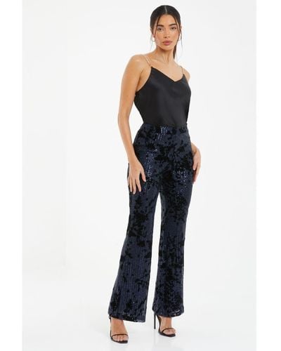Quiz Sequin Flocked Flared Trousers - Blue