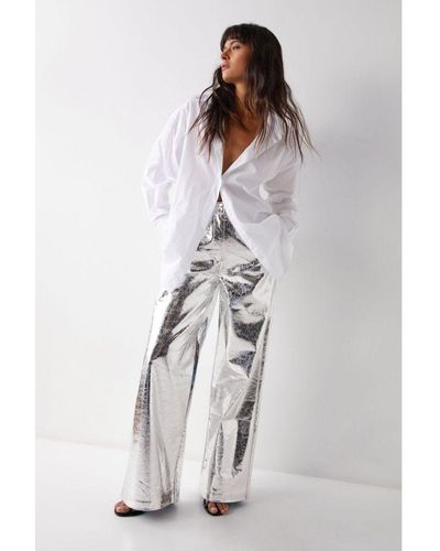 Warehouse Metallic Crackle Faux Leather Wide Leg Trousers - White