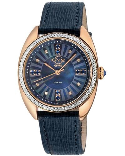 Gv2 Palermo Diamond Swiss Quartz Mop Dial, Genuine Handmade Leather Watch - Blue