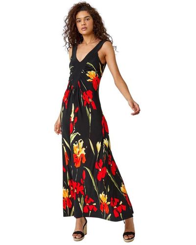 Roman Floral Contrast Band Maxi Dress - Red