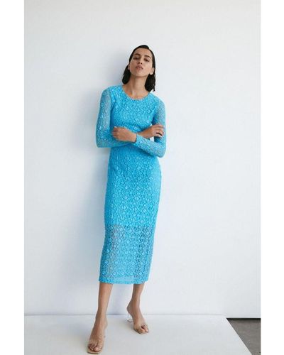 Warehouse Long Sleeve Lace Cut Out Midi Dress Polyamide - Blue