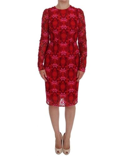 Dolce & Gabbana Rode Gebloemde Ricamo Sheath Jurk Met Lange Mouwen Voor - Rood