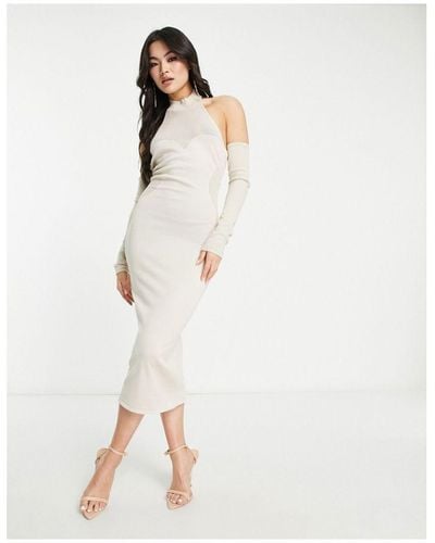 SIMMI Knitted Contour Halter Neck Midi Dress With Sleeve Detail - White