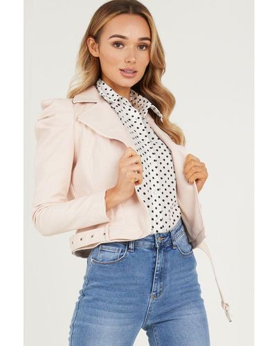 Quiz Pink Faux Leather Puff Sleeve Jacket - Blue