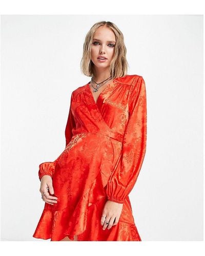 Flounce London Petite Satin Wrap Front Mini Dress With Balloon Sleeve - Red