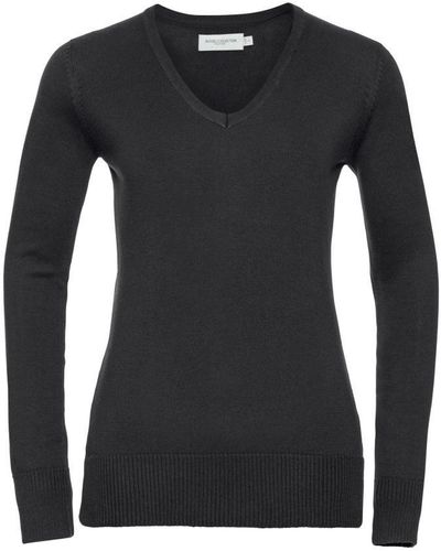 Russell Collection Ladies/ V-Neck Knitted Pullover Sweatshirt () - Black
