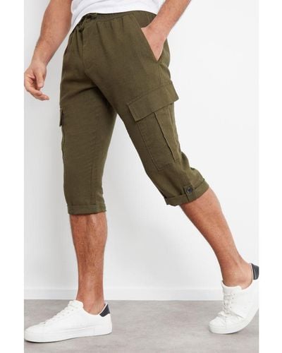 Threadbare Khaki 'memphis' Linen Blend 3/4 Length Cargo Trousers - Green