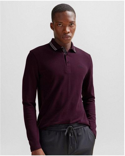 BOSS Plisy Long Sleeve Contrast Collar Polo - Purple