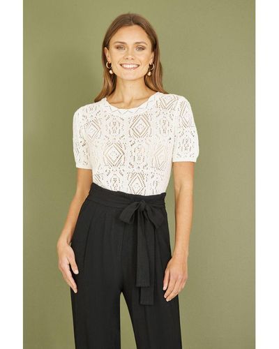 Yumi' Ivory Cotton Crochet Knitted Top - Green