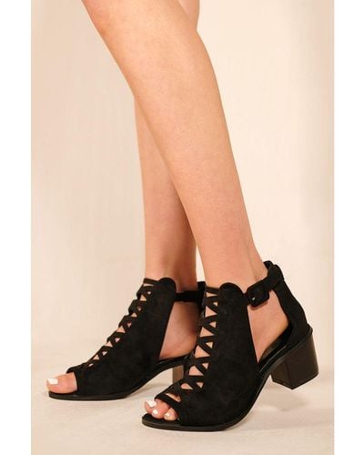 Where's That From Reydah Mid High Block Heel Sandals With Peep Toe & Criss Cross Detail - Black