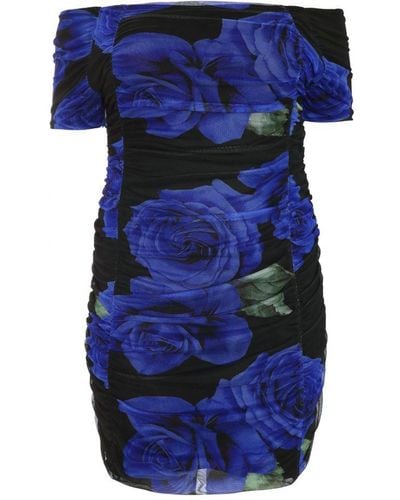 Quiz Curve Black Floral Bardot Mini Dress - Blue