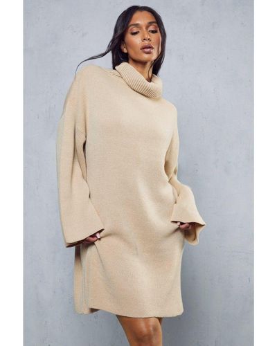 MissPap Oversized Turtle Neck Knitted Dress - Natural