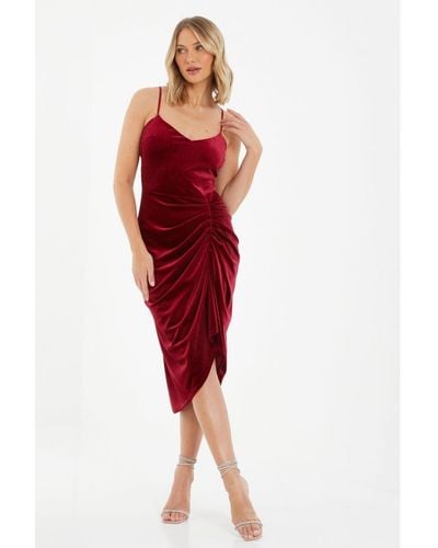 Quiz Velvet Ruched Midi Dress - Red