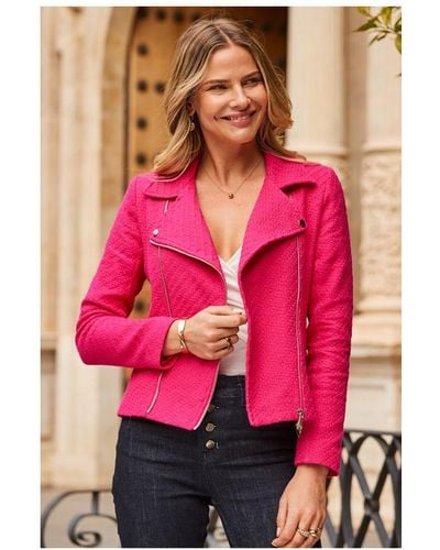 Sosandar Hot Boucle Biker Jacket With Zip Detail Cotton - Pink