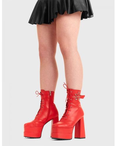 LAMODA Ankle Boots Famous Friend Round Toe Platform Heels With Lace Up - Red