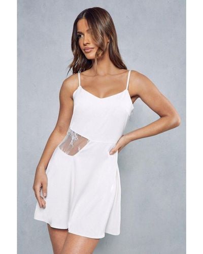 MissPap Satin Plunge Neck Lace Insert Mini Slip Dress - White