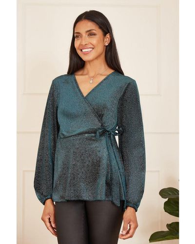 Yumi' Green Sparkle Velvet Wrap Top With Long Sleeves - Blue
