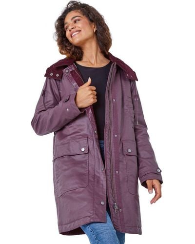 Roman Waxed Longline Hooded Coat - Purple
