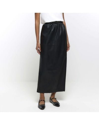 River Island Maxi Skirt Black Faux Leather Elasticated Pu