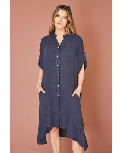 Yumi' Khaki Italian Linen Shirt Dress With Frill Hem - Blue