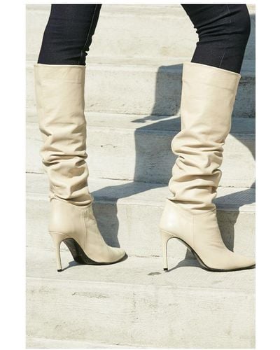 Sosandar Belle Cream Leather Slouch Stiletto Heel Knee High Boot - Natural