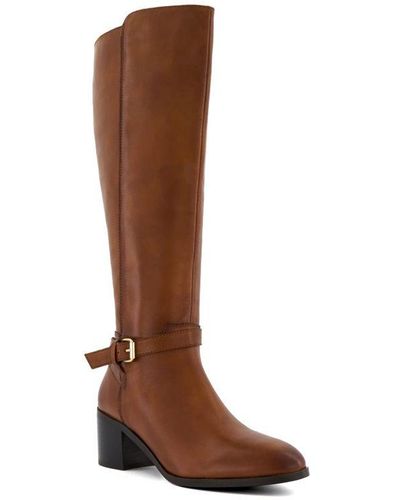 Dune Ladies Trusti 2 - Buckle Heeled Knee High Boots Leather - Brown